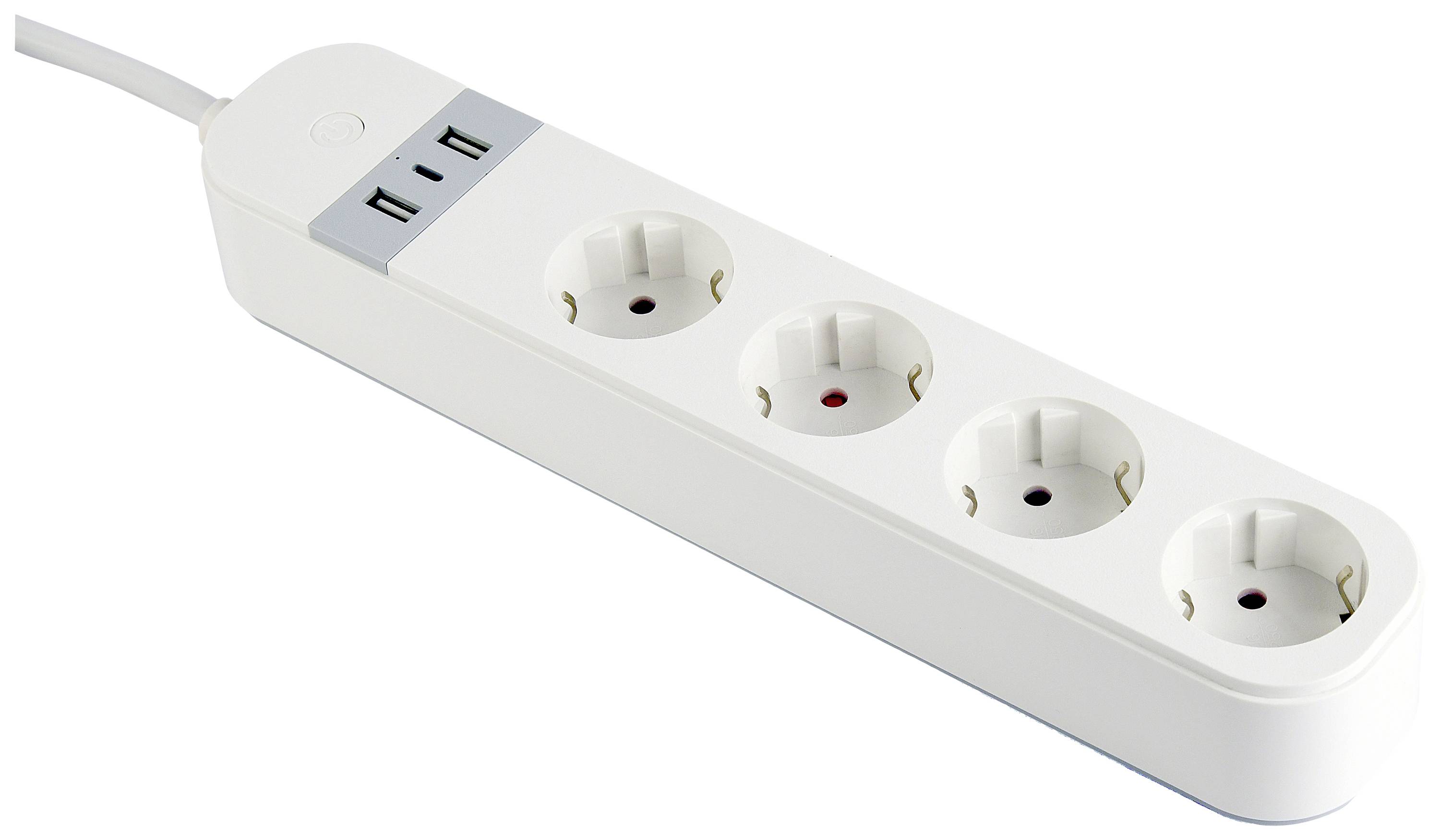 Multipresa bianca con quattro prese Schuko e due porte USB, adatta per ufficio o uso domestico.