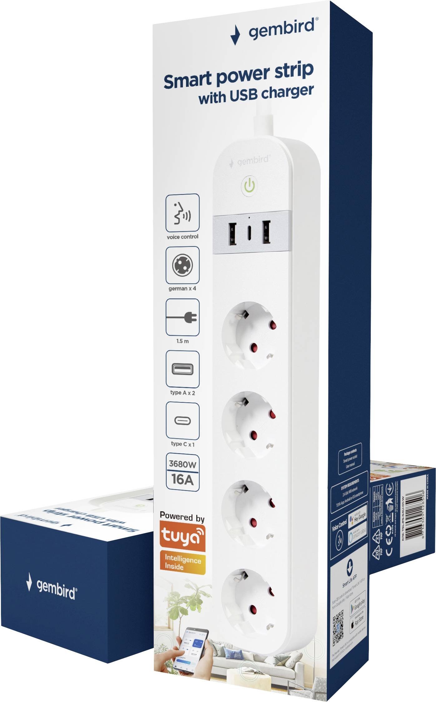 Confezione di una multipresa 'Gembird' con funzione di ricarica USB. Mostra cinque prese elettriche, porte USB e il logo 'Tuya'.