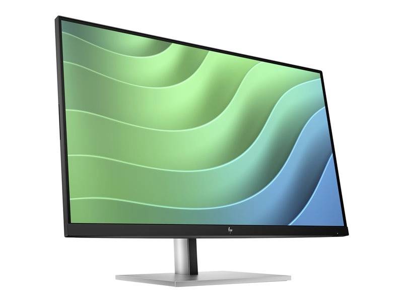Un monitor computer moderno mostra onde astratte verdi e blu sul display. Il monitor ha una cornice sottile di colore nero.