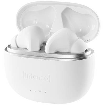 Auricolari wireless bianchi in un custodia di ricarica aperta con il logo 'Intenso' sulla parte anteriore.