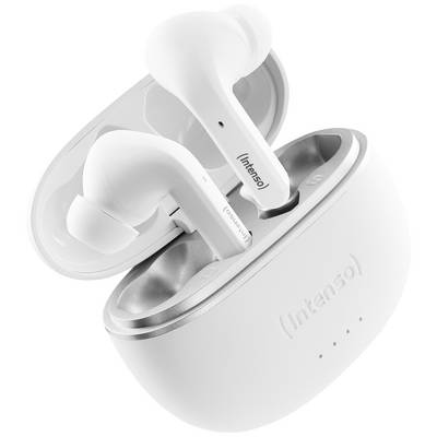 Cuffie in-ear wireless bianche in una stazione di ricarica aperta, con la scritta 'Intenso' visibile sul lato.