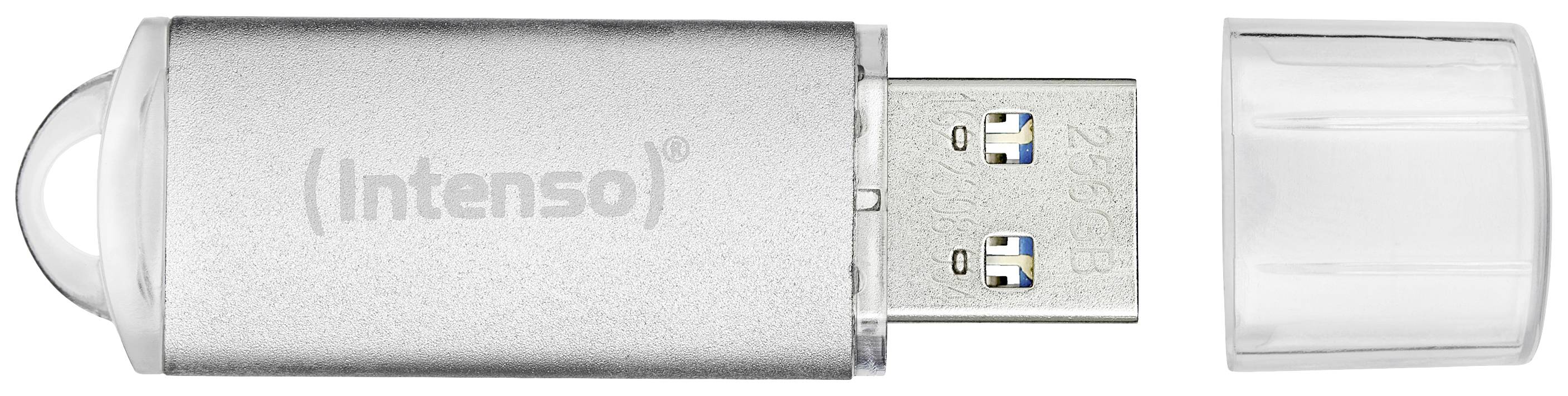 Una chiavetta USB d'argento con il cappuccio rimosso che mostra la porta USB. Sulla chiavetta è presente il logo 'Intenso'.