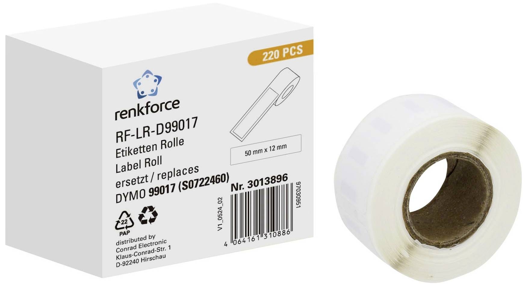 'Renkforce Rotolo di etichette', Modello RF-LR-D99017, 220 pezzi, compatibile con DYMO 99017. Illustrati: confezione e rotolo.