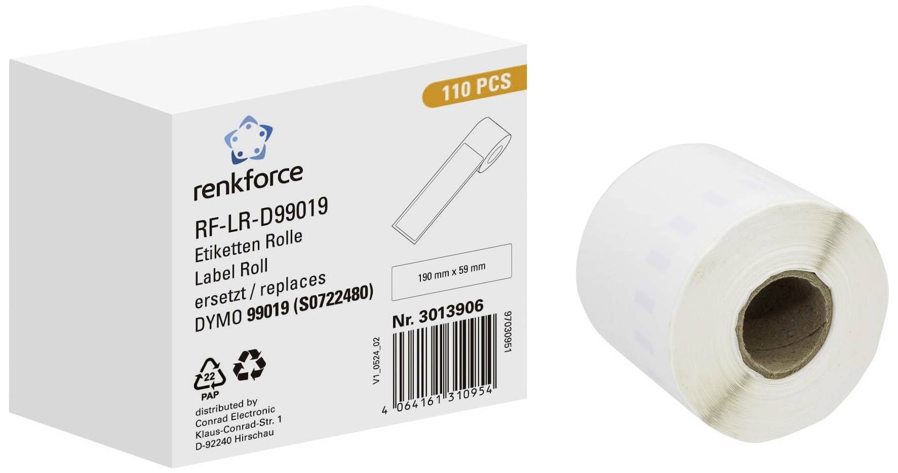 Rotolo di etichette in confezione con informazioni prodotto: 'RF-LR-D99019, sostituisce DYMO 99019, 110 pezzi, 190 mm x 89 mm'.