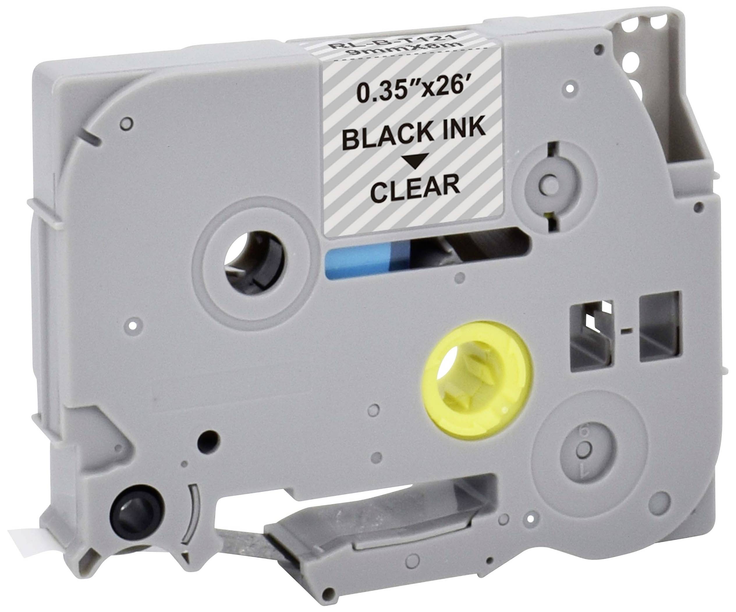 Custodia per nastro di etichette grigia con la scritta '0.35"x26 BLACK INK CLEAR'.