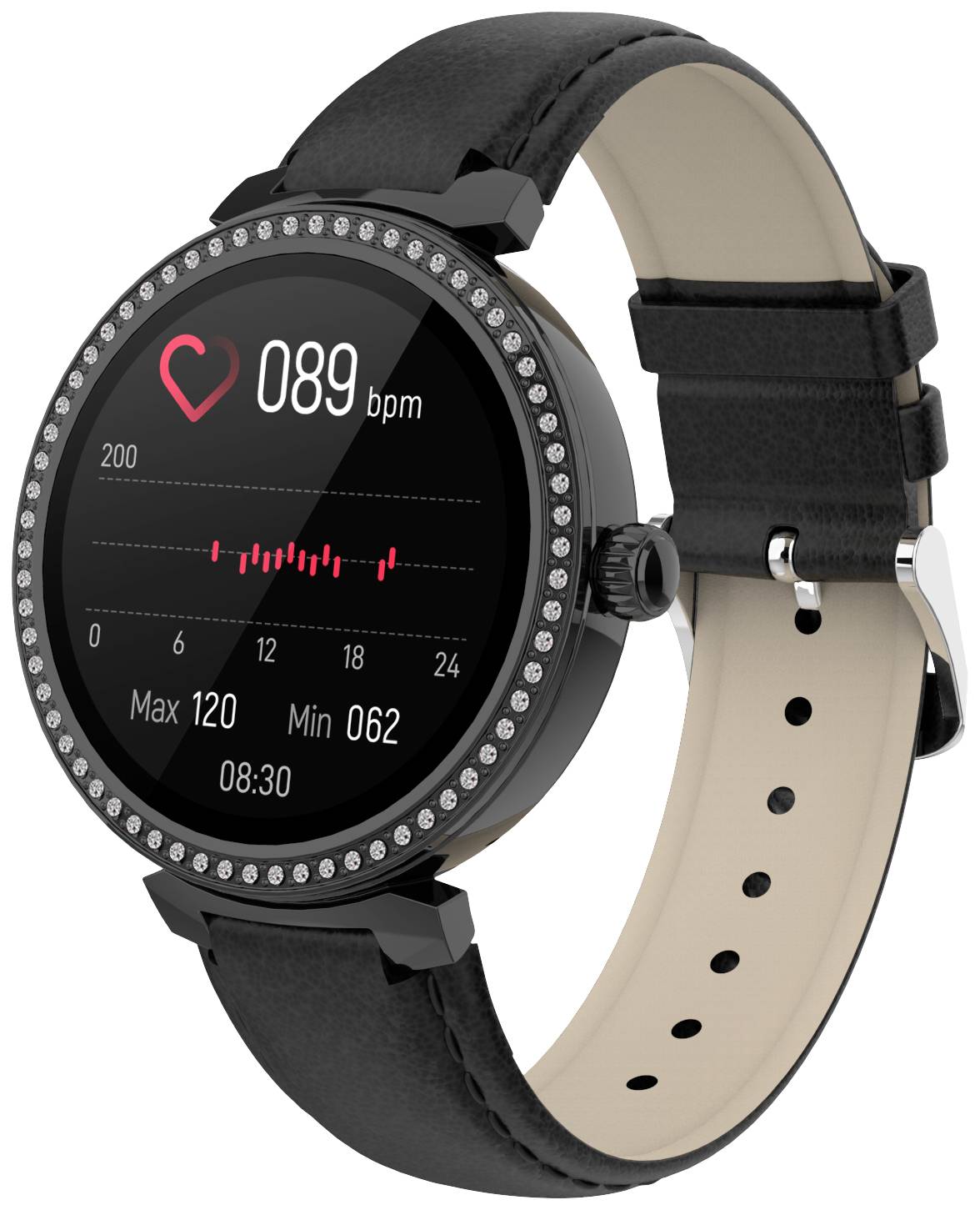 Smartwatch nera con cinturino in pelle che mostra la frequenza cardiaca di 89 bpm. Valore massimo 120, valore minimo 62. Ora: 08:30.