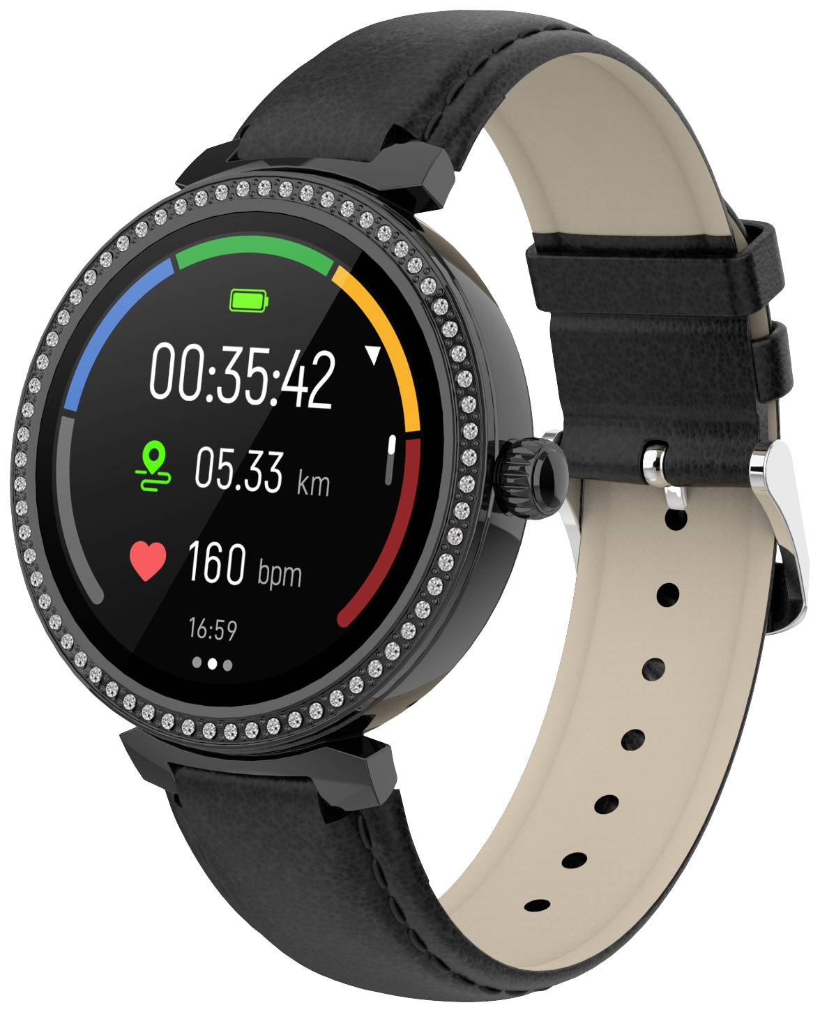 Un smartwatch nero con quadrante rotondo mostra 35 minuti e 42 secondi di tempo di corsa, 5,33 km di distanza, 160 bpm di frequenza cardiaca e l'ora corrente 16:59.