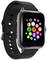 Smartwatch nera con display rettangolare che mostra simboli di app colorate, tra cui Fitness, Meteo, Musica e Messaggi.
