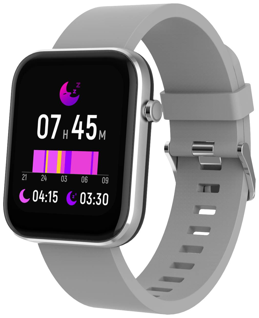 Un smartwatch grigio mostra sullo schermo un'app di monitoraggio del sonno. L'ora è '07:45'. Un grafico a barre per l'analisi del sonno.