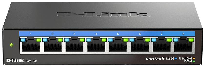Switch di rete D-Link DMS-108 con otto porte Ethernet, adatto per connessioni LAN in reti domestiche o da ufficio.