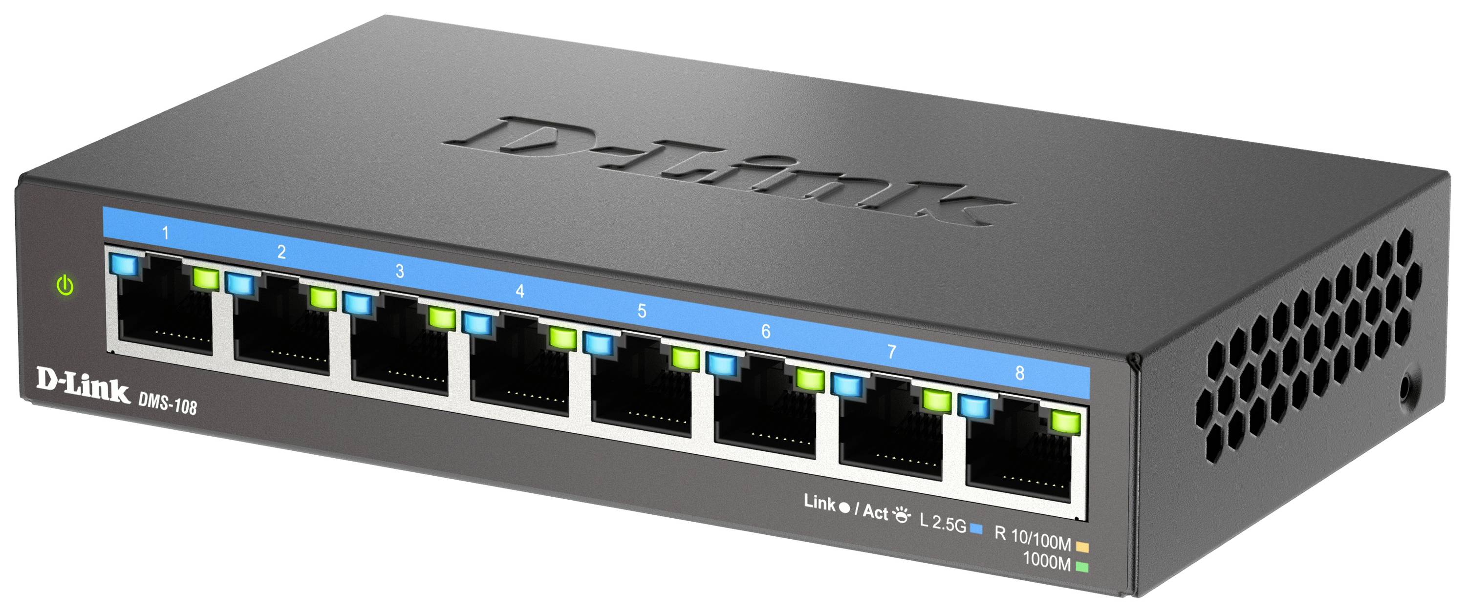 Switch Gigabit Ethernet a 8 porte di D-Link, modello DGS-108, con LED di stato per l'attività di rete e l'indicazione della velocità.
