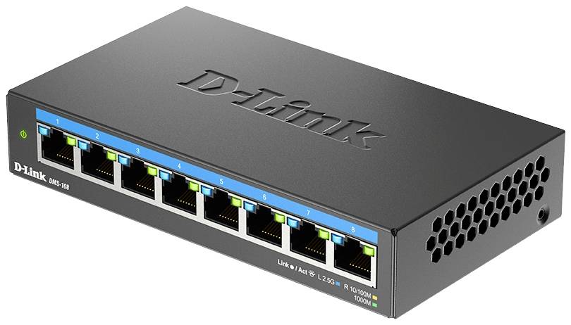 Un switch di rete nero con otto porte Ethernet, modello D-Link DGS-108, per connessioni di rete cablate.