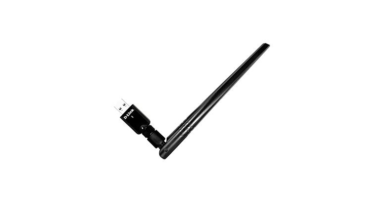 Un adattatore USB Wi-Fi nero con antenna lunga, orientato diagonalmente verso l'alto. Fornisce connettività di rete wireless ai computer.