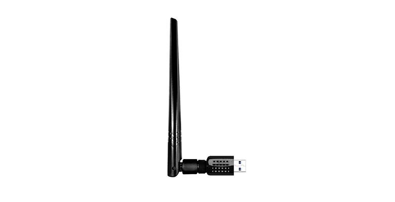 Un adattatore USB Wi-Fi con un'antenna lunga e verticale che consente il collegamento wireless a reti.