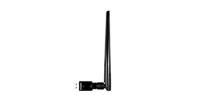 Un adattatore USB Wi-Fi nero con una grande antenna è posizionato verticalmente. Serve per connettere computer a una rete wireless.