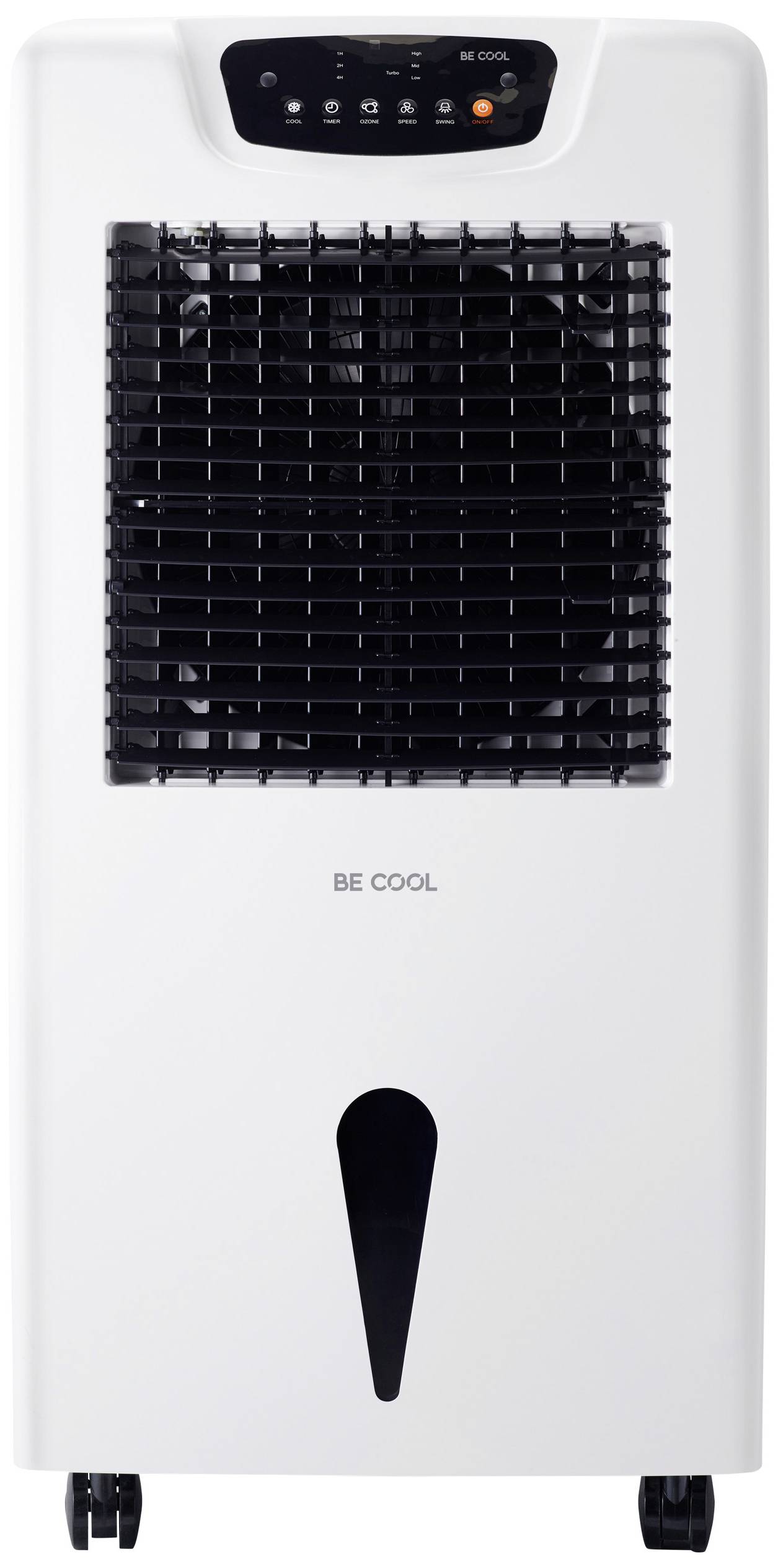Condizionatore 'Be Cool', bianco, con pannello di controllo superiore e griglia di ventilazione anteriore. Mobile su ruote.