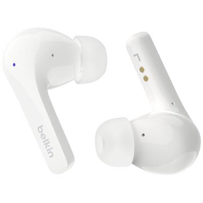 Auricolari wireless bianchi con design ergonomico, che mostrano il marchio "belkin". Ideali per ascoltare musica e effettuare chiamate in movimento.