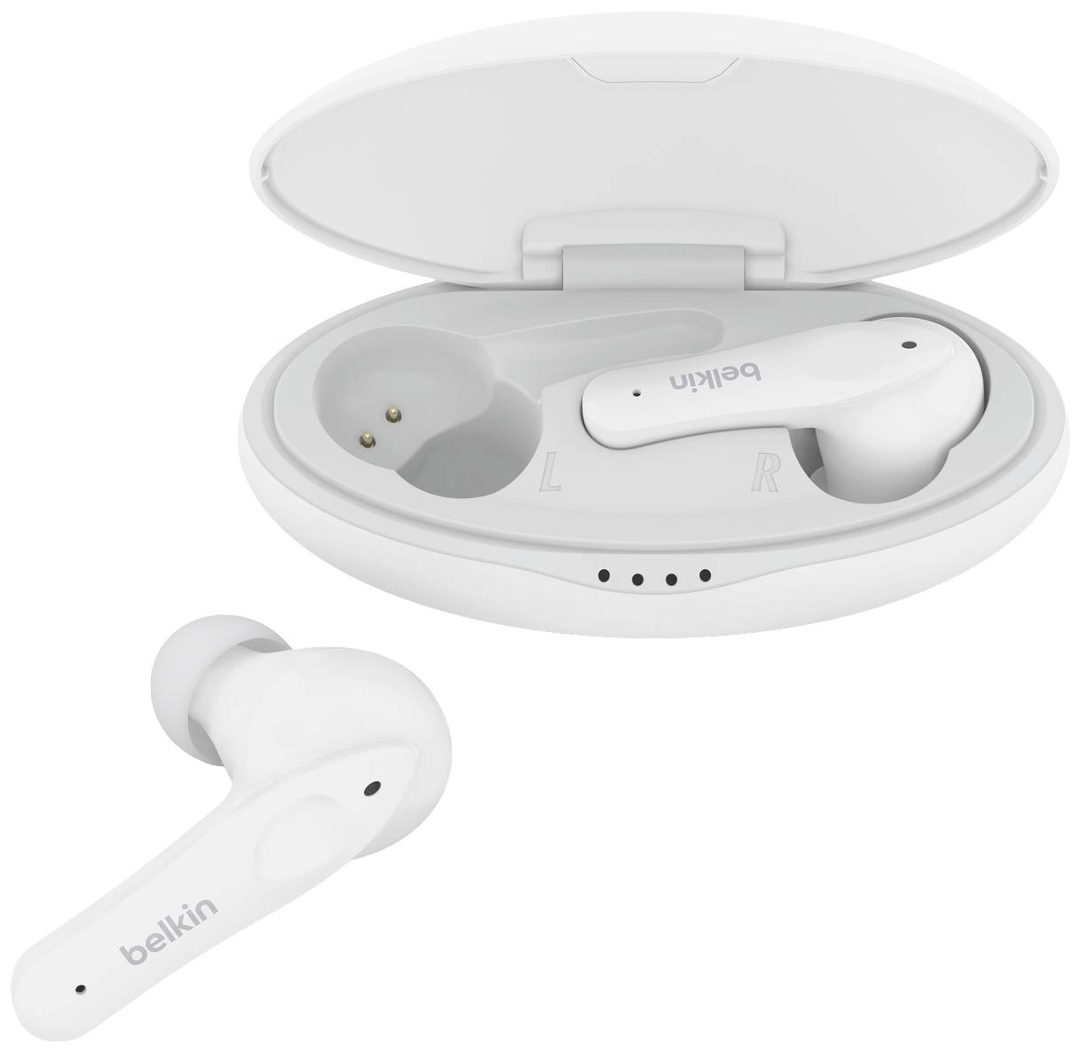 Auricolari bianchi wireless Belkin in un custodia di ricarica aperta, con l'auricolare sinistro mostrato separatamente.