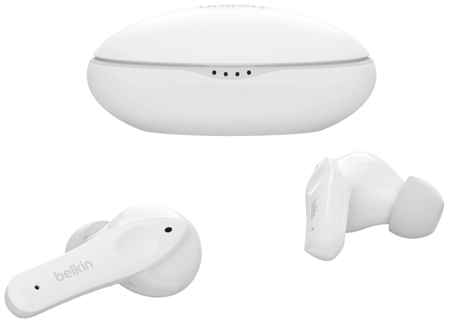 Auricolari wireless bianchi in-ear con custodia di ricarica, contrassegnati con il marchio 'Belkin'.