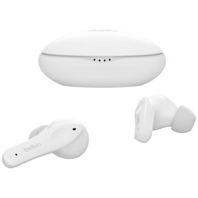 Auricolari wireless bianchi in-ear con custodia di ricarica, contrassegnati con il marchio 'Belkin'.