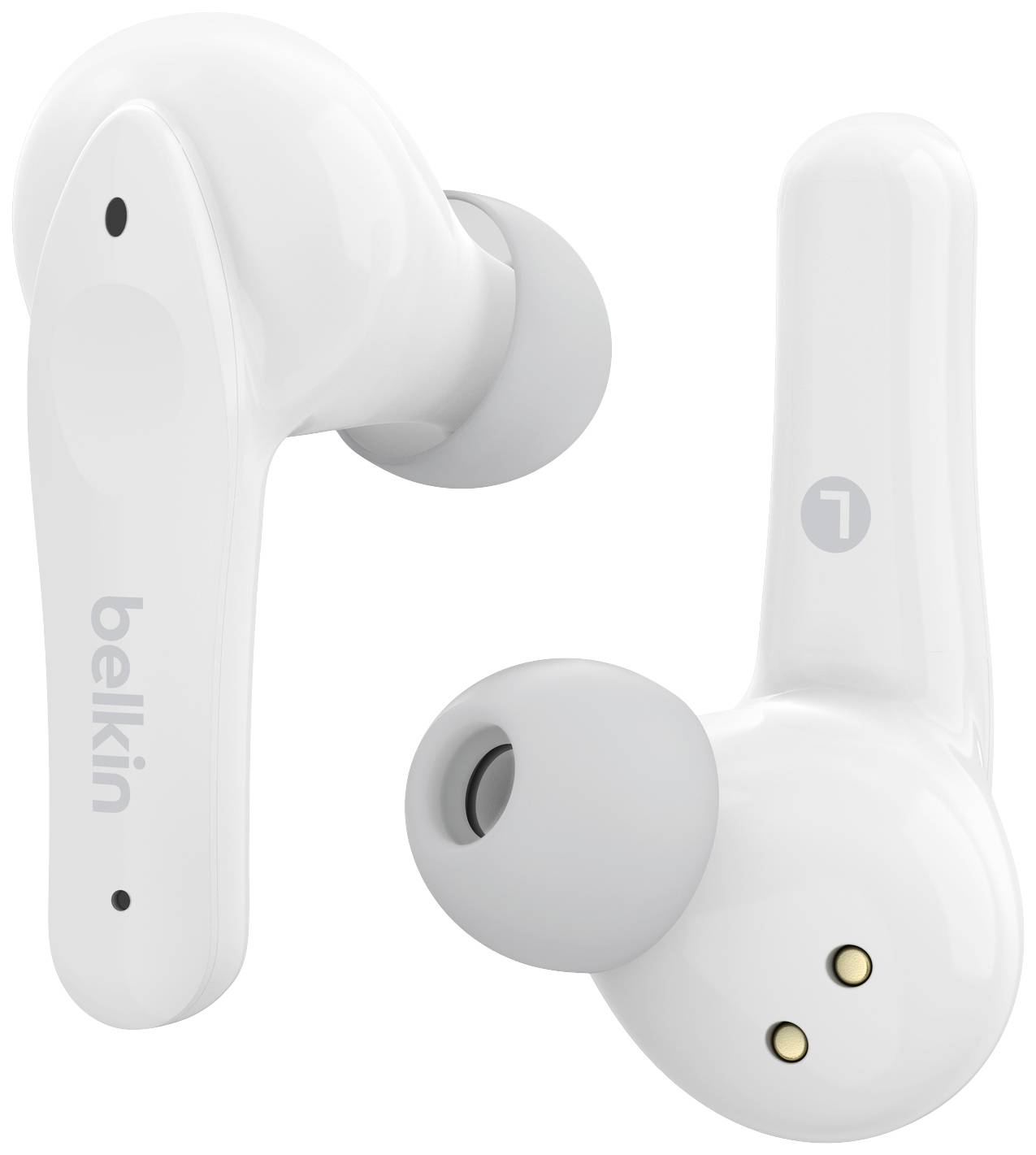 Auricolari wireless bianchi Belkin, design ergonomico, con indicazioni L e R, comodi da indossare, dall'aspetto moderno.