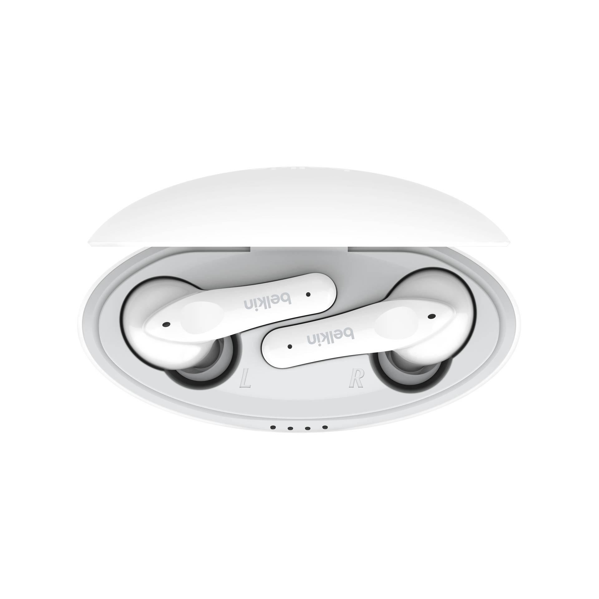 Auricolari bianchi wireless in un custodia di ricarica aperta, vista dall'alto. Etichetta 'L' per sinistra e 'R' per destra visibile.