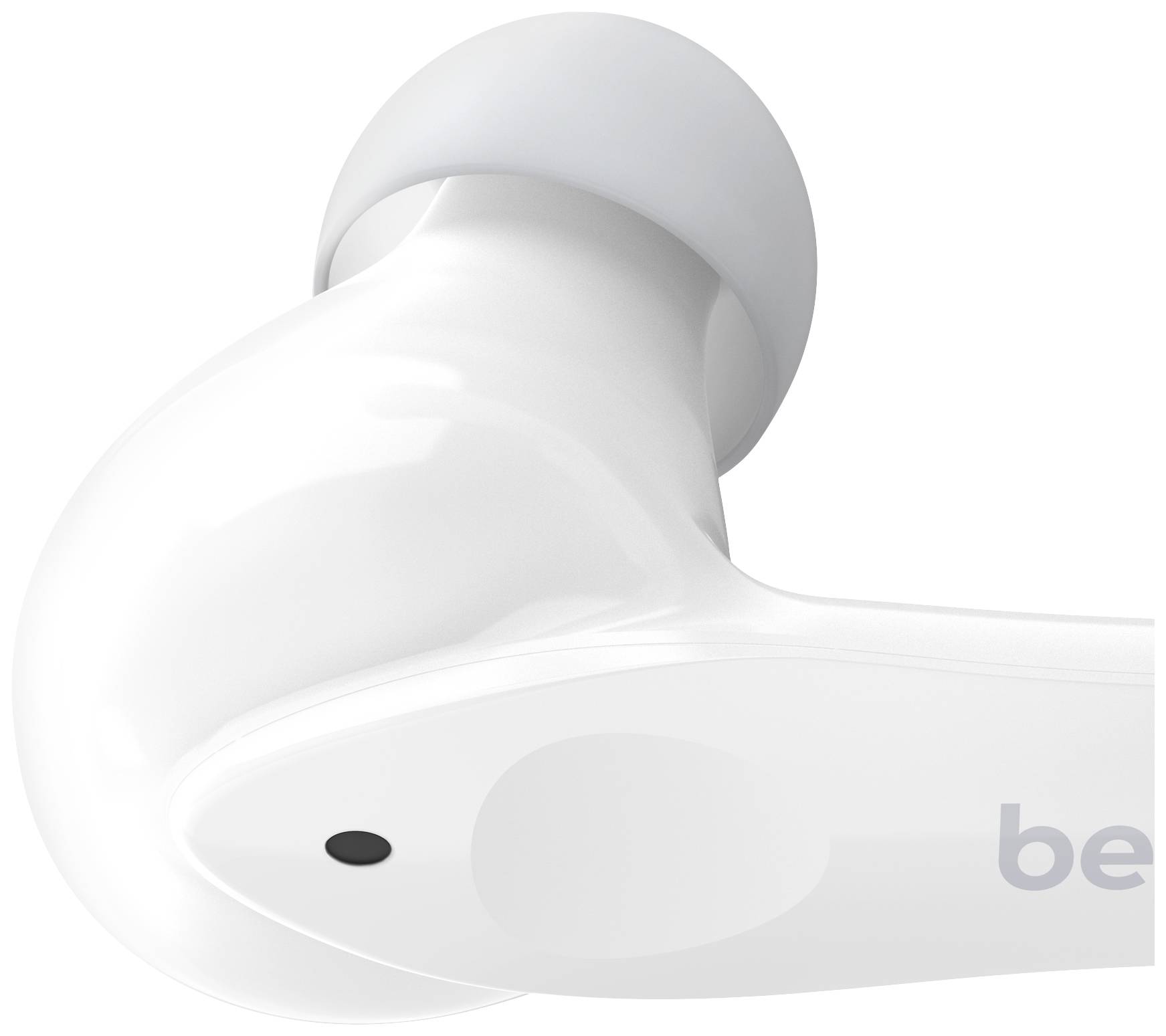 Un auricolare bianco wireless con punta in silicone grigia e microfono. L'auricolare è progettato ergonomicamente ed è modellato per un comfort ottimale.
