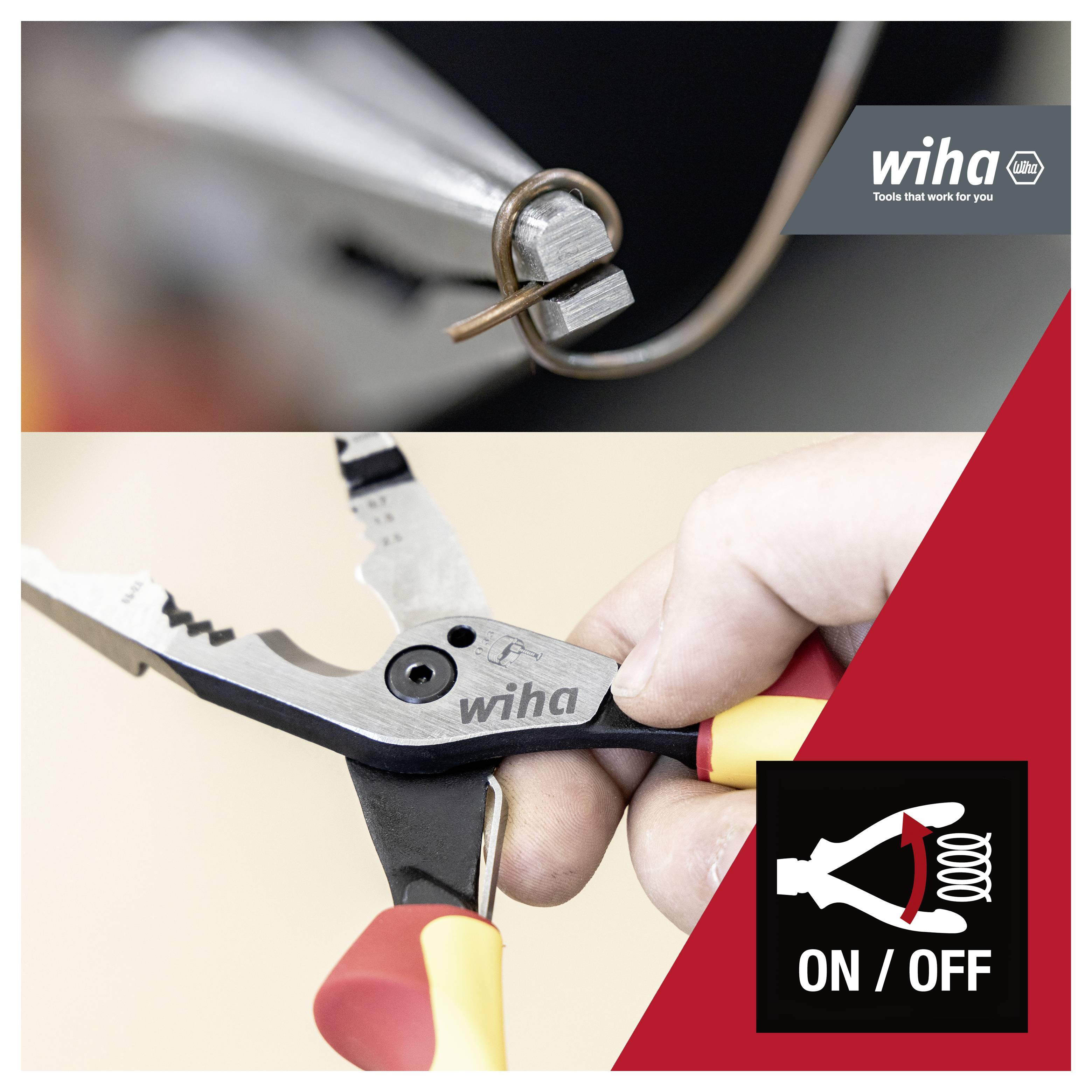 Pinze isolate Wiha in uso su un filo elettrico, con icona di sicurezza "ON/OFF" e marchio Wiha, che mostrano la sicurezza degli strumenti per lavori su circuiti attivi.