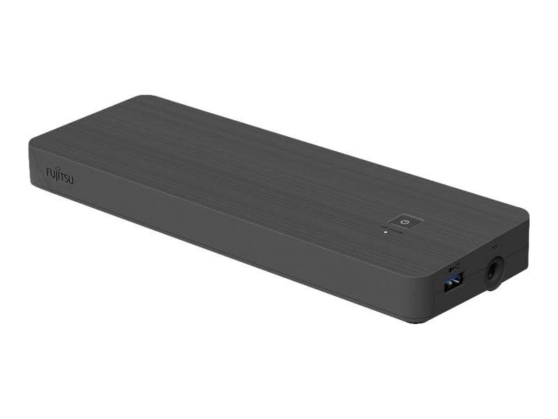 Una stazione di aggancio nera Fujitsu, rettangolare con porta USB e interruttore di accensione, offre connettività per laptop.