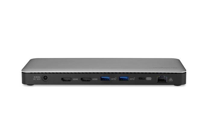 Un hub nero con più porte, tra cui due porte HDMI, due porte USB 3.0, una porta USB-C e una porta Ethernet.