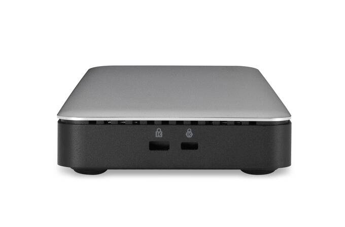 Hard disk esterno dal design compatto, rettangolare con angoli arrotondati. Il lato frontale mostra due porte USB.