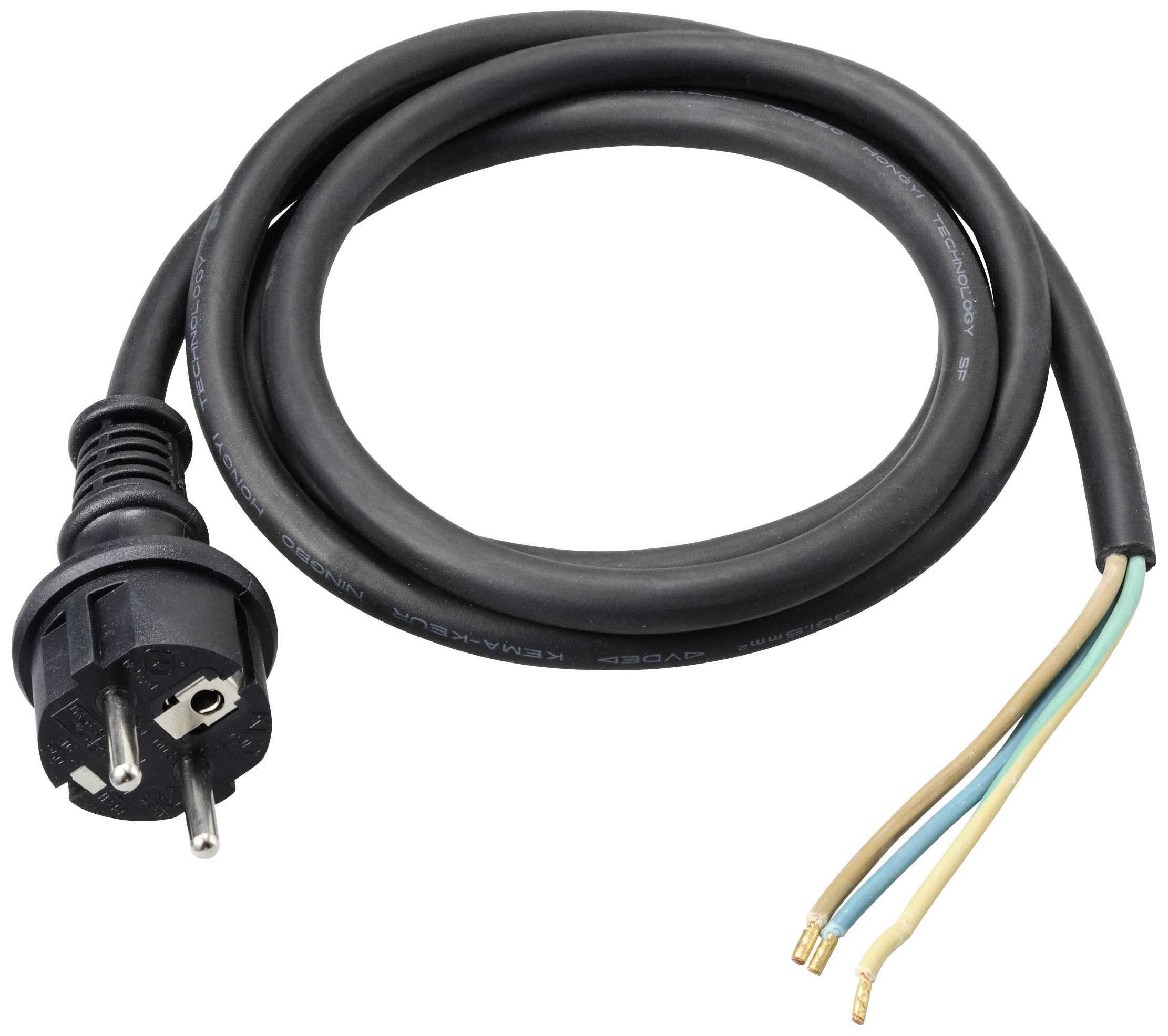 Cavo di rete nero con spina e tre estremità spellate: marrone, blu, verde-giallo. Adatto per connessioni elettriche.