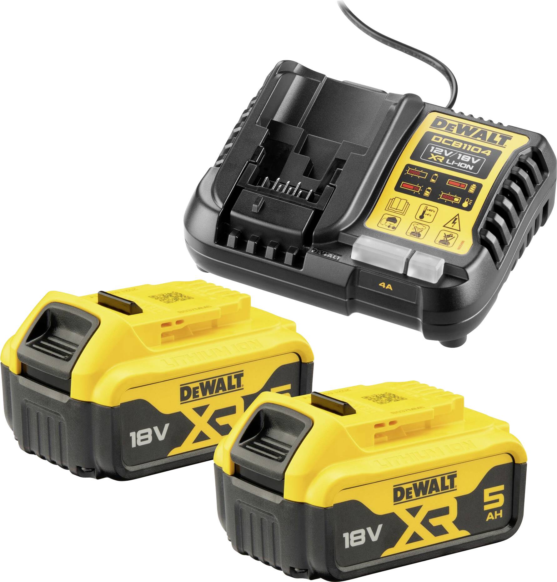 Caricabatterie e due batterie DeWalt da 18V. Le batterie hanno una capacità di 5 Ah e appartengono alla serie XR.