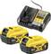 Caricabatterie e due batterie DeWalt da 18V. Le batterie hanno una capacità di 5 Ah e appartengono alla serie XR.