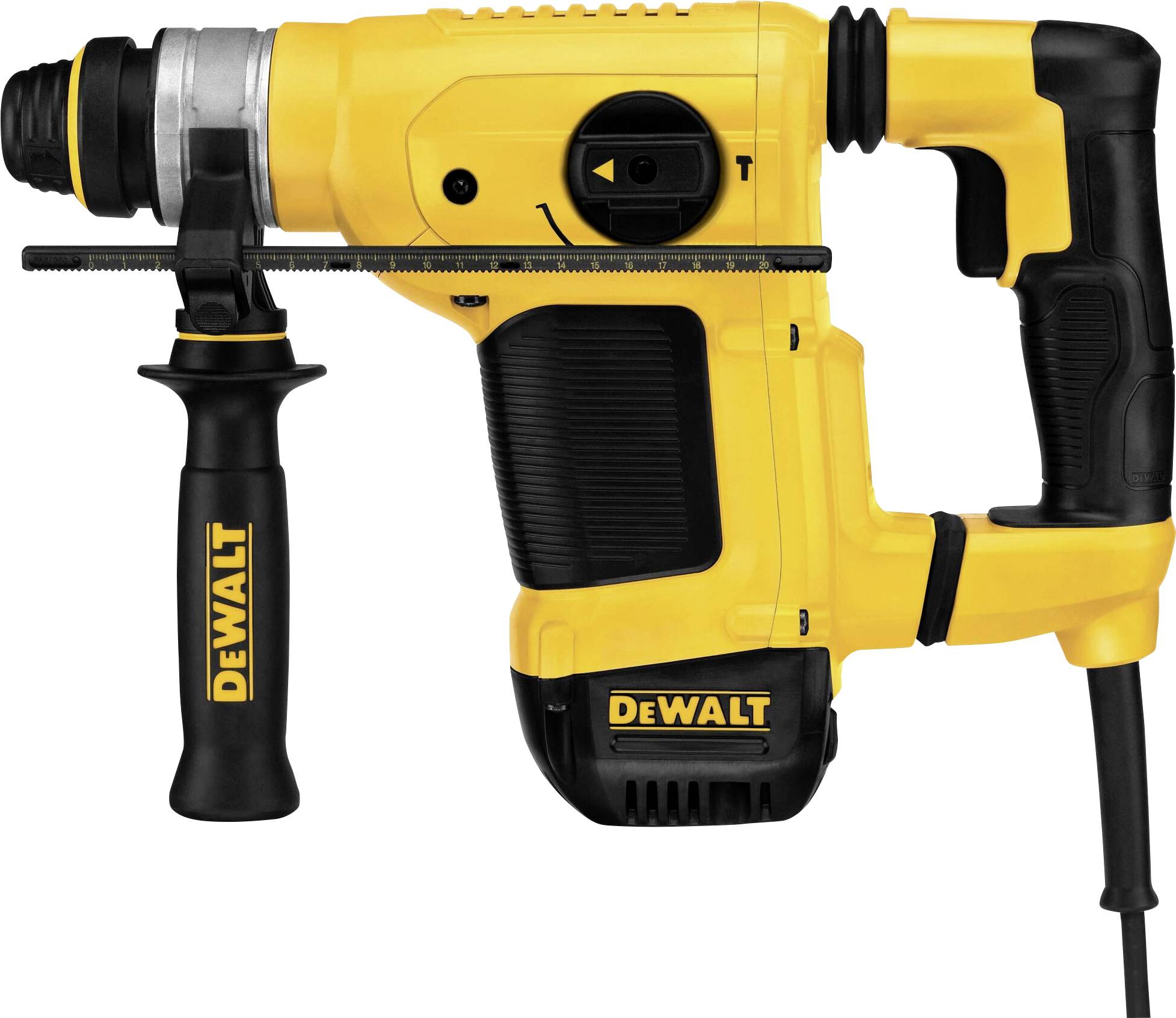 Martello pneumatico giallo e nero DeWalt con impugnatura laterale e cavo.