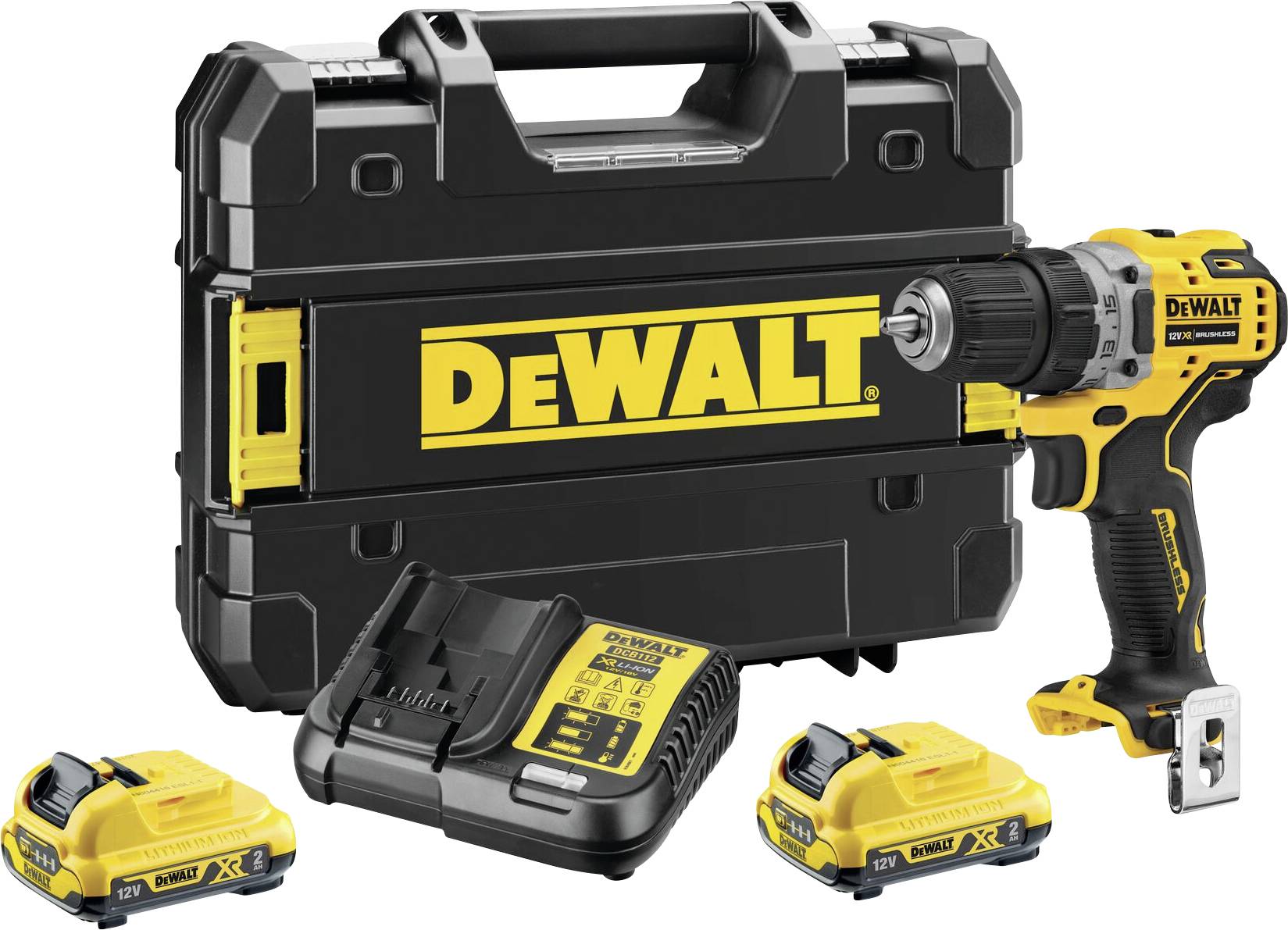 Set di avvitatore DeWalt con avvitatore giallo, tre batterie, caricabatterie e valigetta di trasporto nera con logo 'DeWalt'.