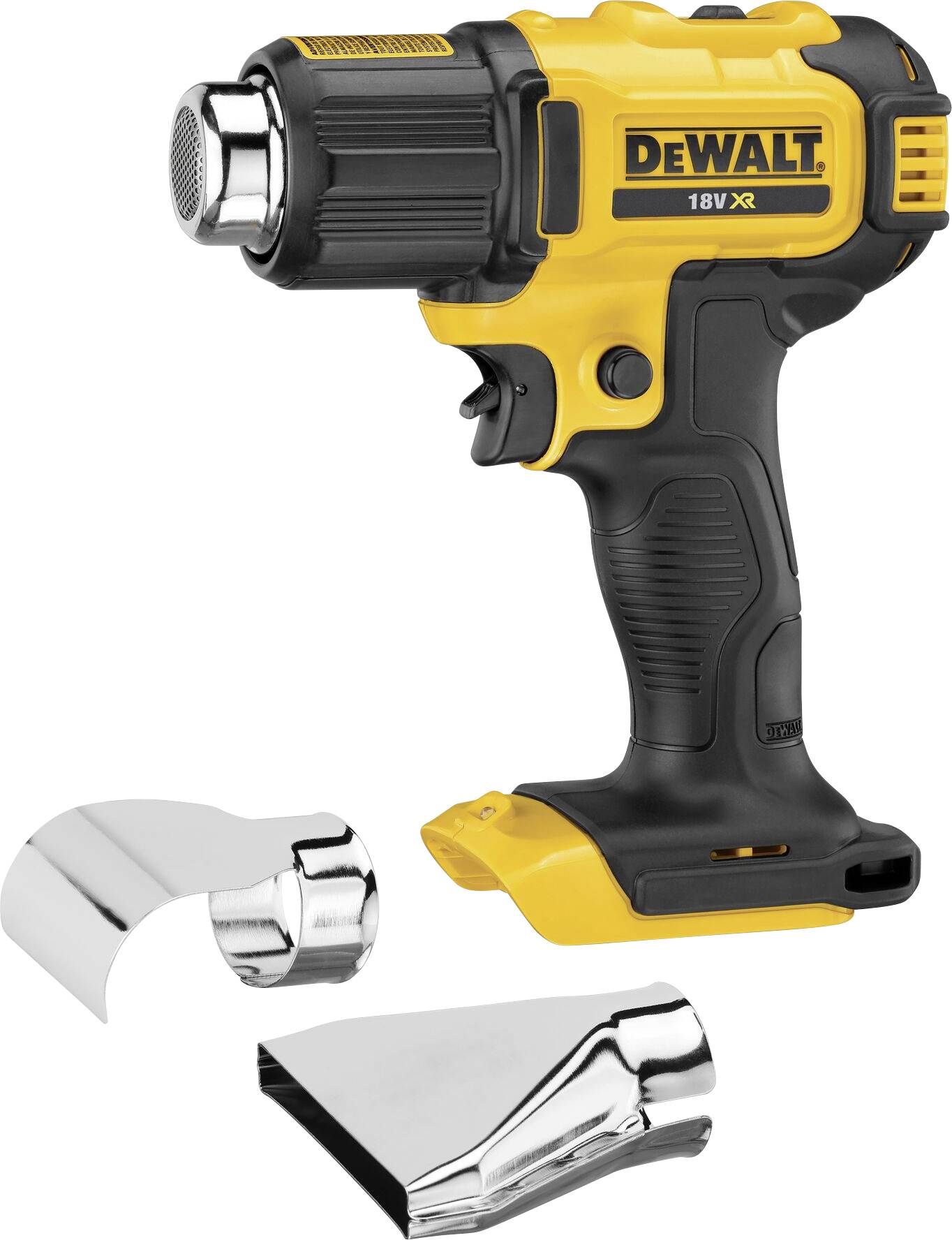 Soffiatore ad aria calda DeWalt, 18V, in nero e giallo. Include due ugelli intercambiabili per diverse applicazioni.