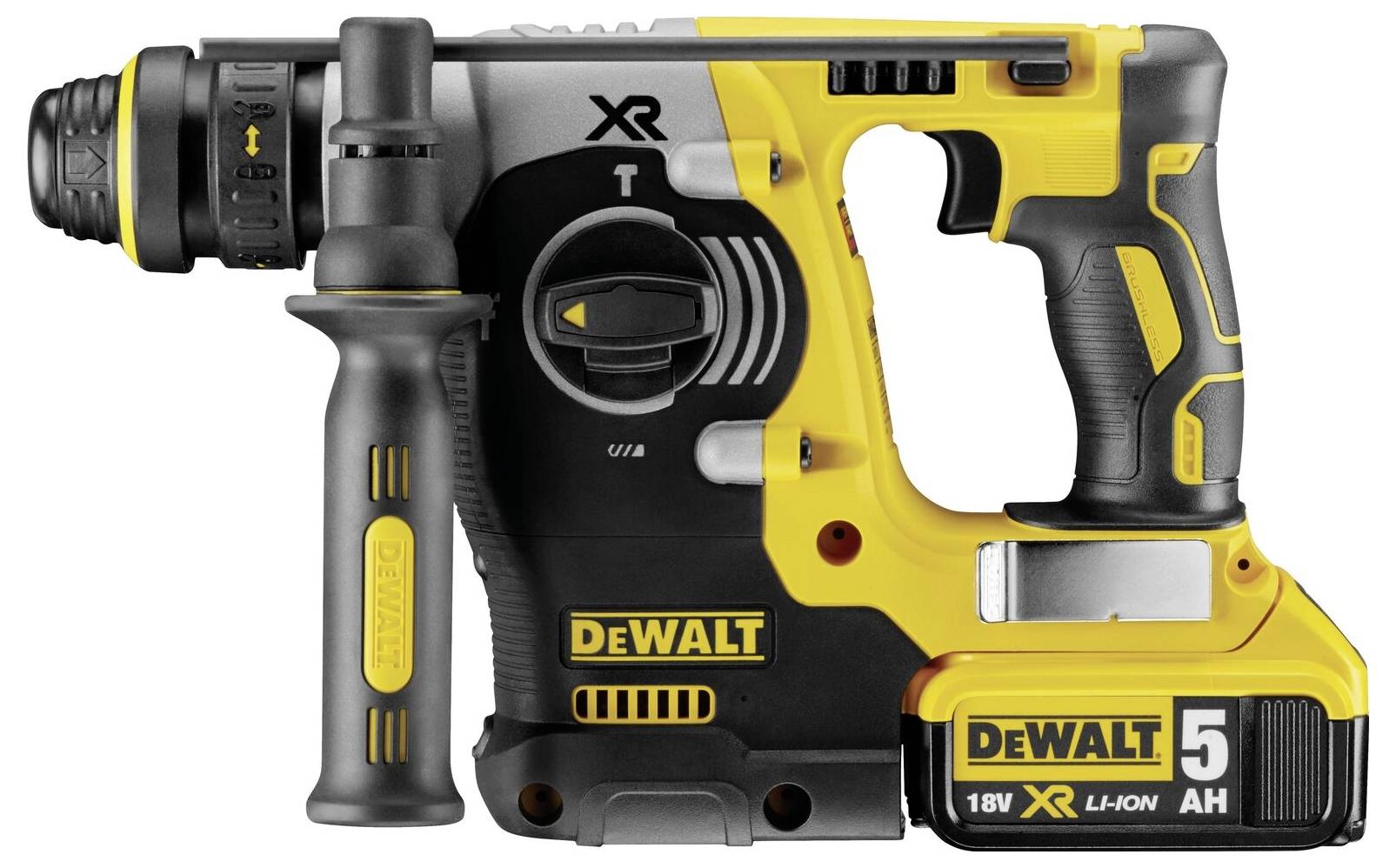 Martello perforatore a batteria giallo e nero da 18V, con impugnatura ergonomica e regolazione della velocità, marca e capacità di carica sul lato.