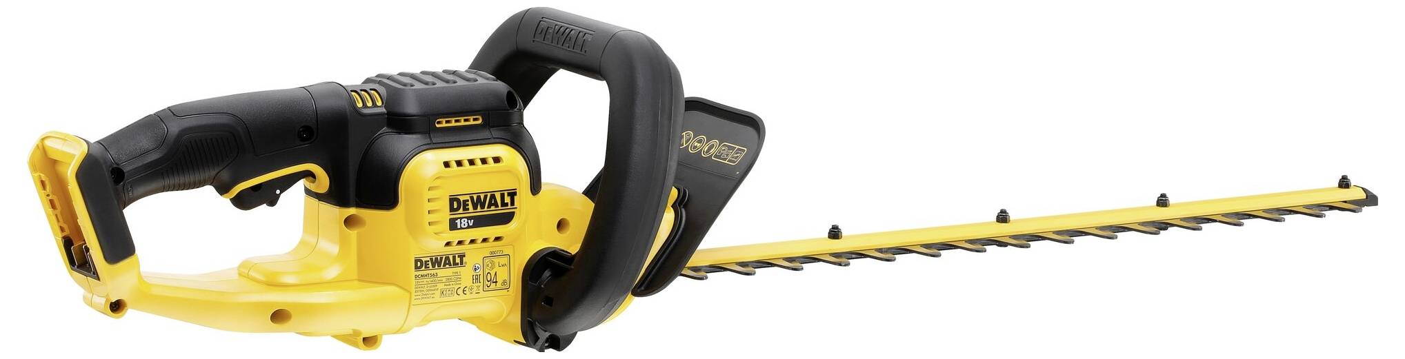 Tagliasiepi giallo, senza fili. Testo del marchio 'DEWALT' sul lato. Impugnatura nera, lunga serie di lame affilate.