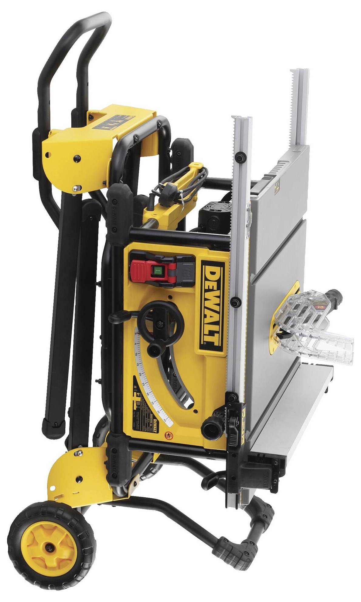 Una sega circolare da tavolo gialla DeWalt montata su un supporto mobile. È ripiegata e pronta per essere trasportata.