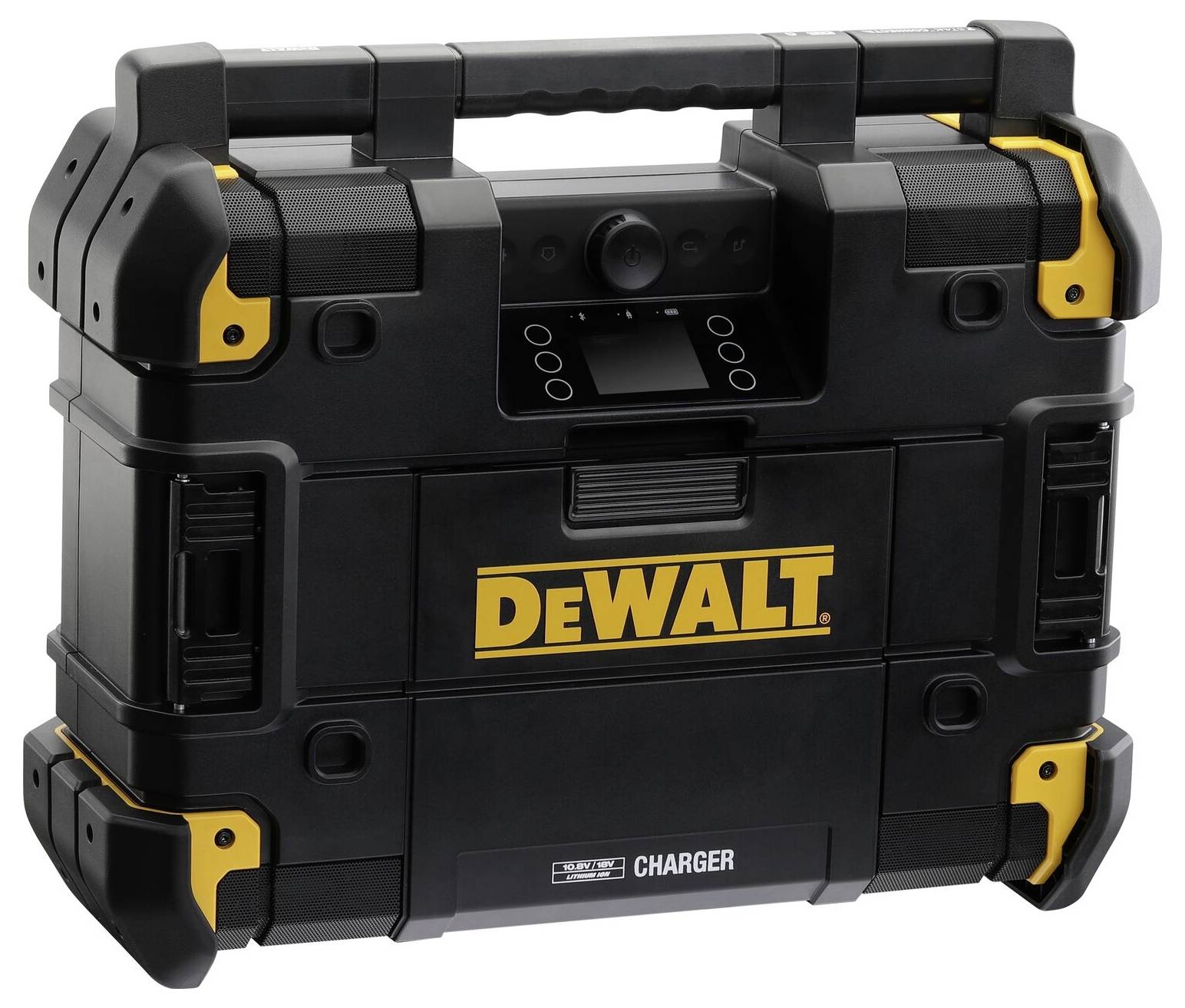 Valigetta porta attrezzi DEWALT, nero con accenti gialli. Fronte con un pannello di controllo e impugnatura superiore.