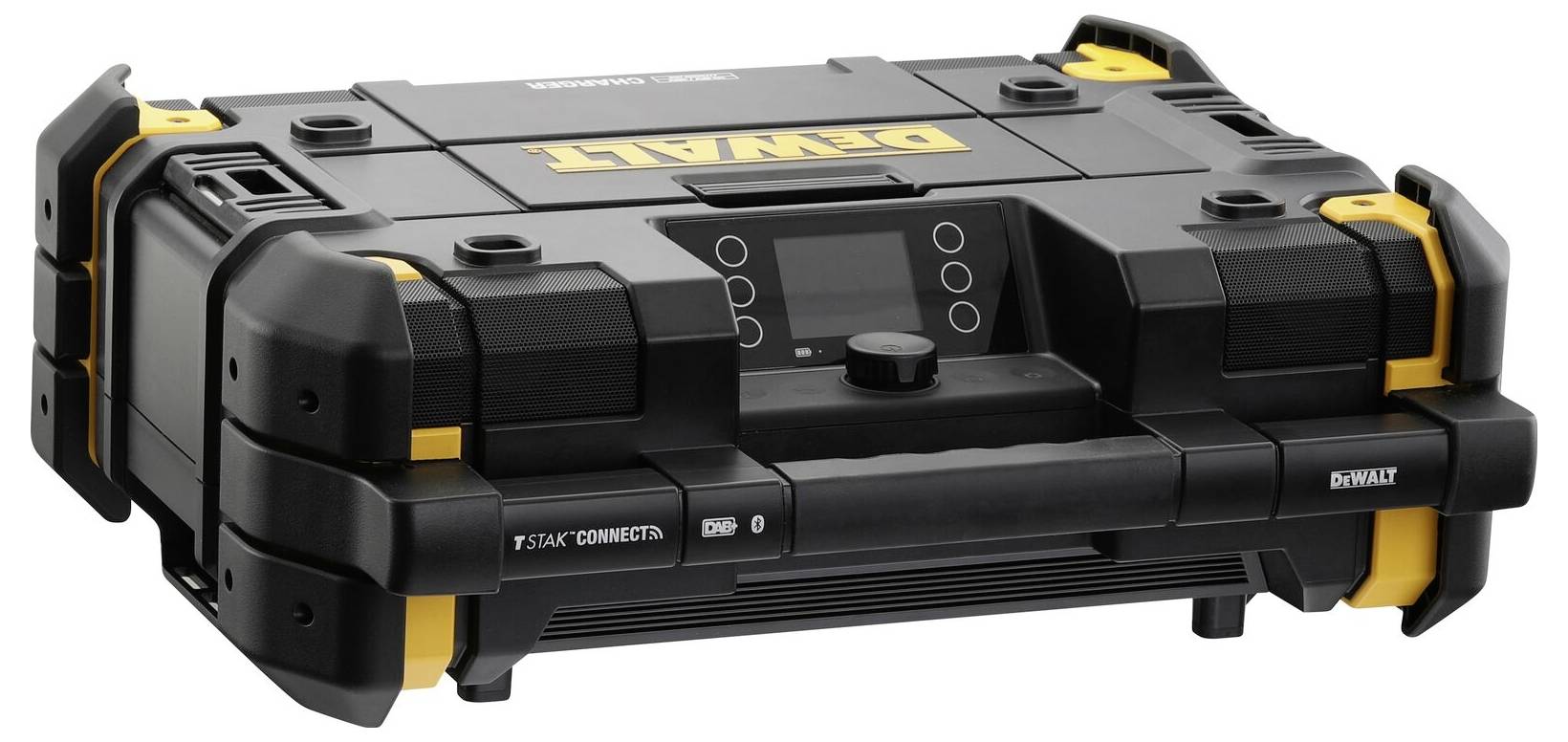 Valigetta degli attrezzi DeWalt nera con accenti gialli e display digitale al centro. Utilizzata per conservare gli utensili.