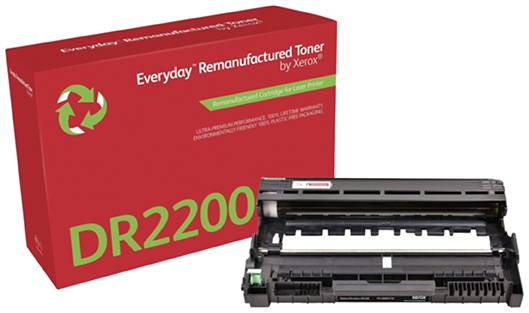 'Cartuccia toner DR2200' davanti a una confezione rossa con simbolo del riciclaggio e scritta 'Toner ricondizionato Everyday by Xerox'.