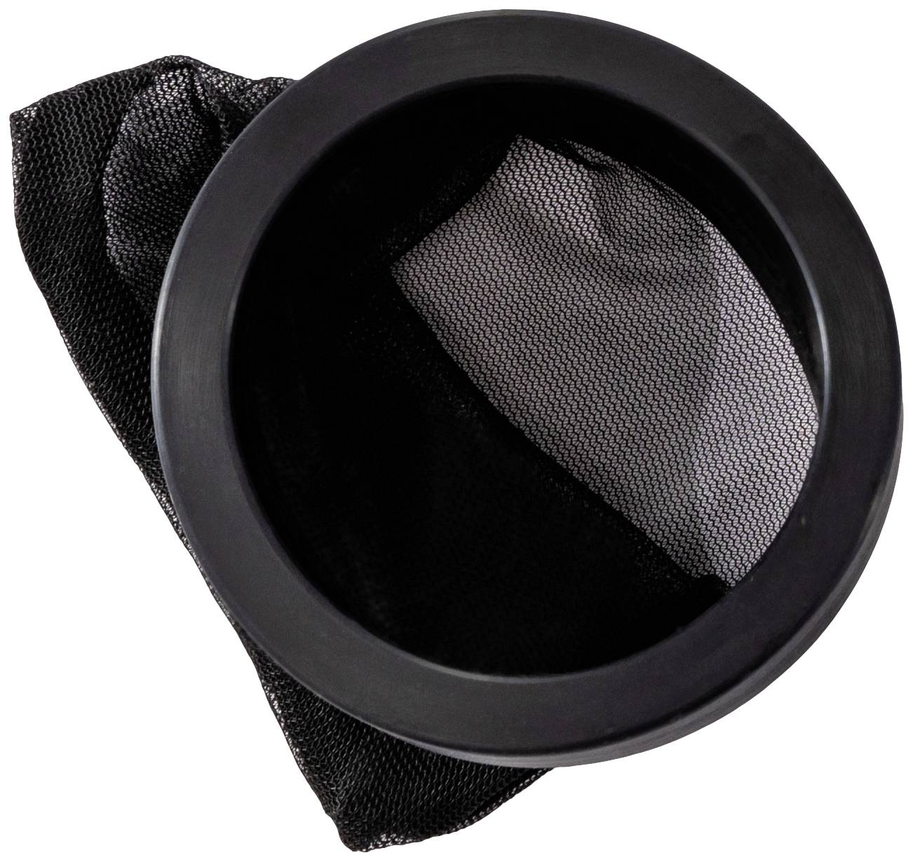 Filtro a carbone nero, rotondo, con struttura a rete visibile. Adatto per la purificazione dell'aria o l'assorbimento di odori in applicazioni tecniche.