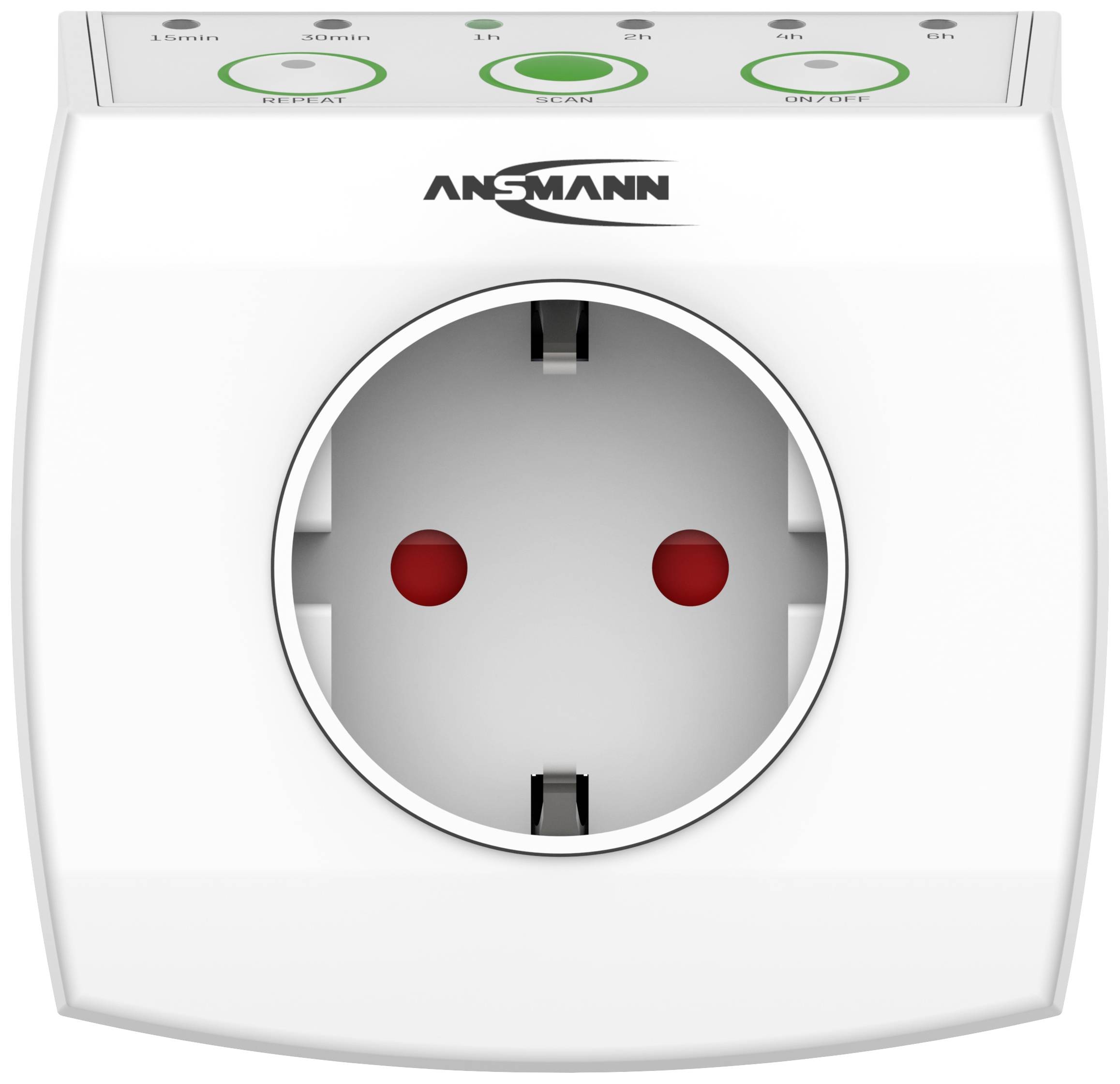 Orologio timer bianco con presa elettrica, tre tasti di impostazione verdi (1, 3, 6 ore) e spie LED. Nome del marchio 'Ansmann' in alto.