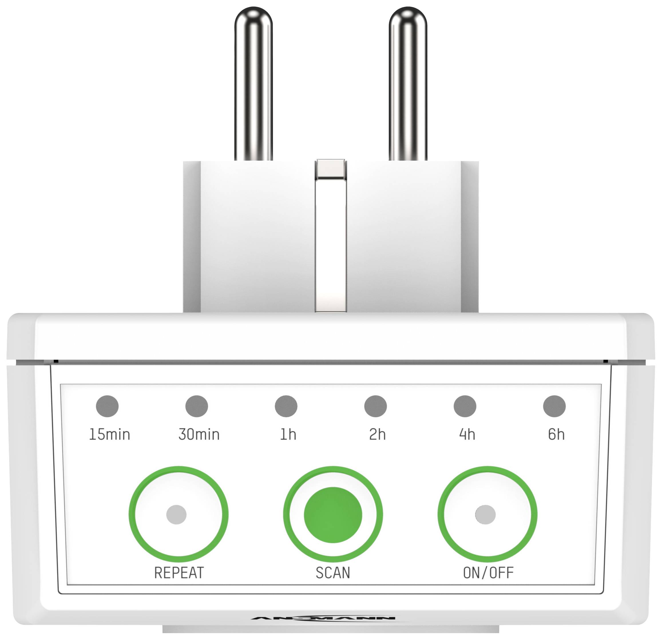 Orologio digitale bianco con luce verde. Pulsanti per '15min', '30min', '1h', '2h', '4h', '6h', 'REPEAT', 'SCAN', 'ON/OFF'.