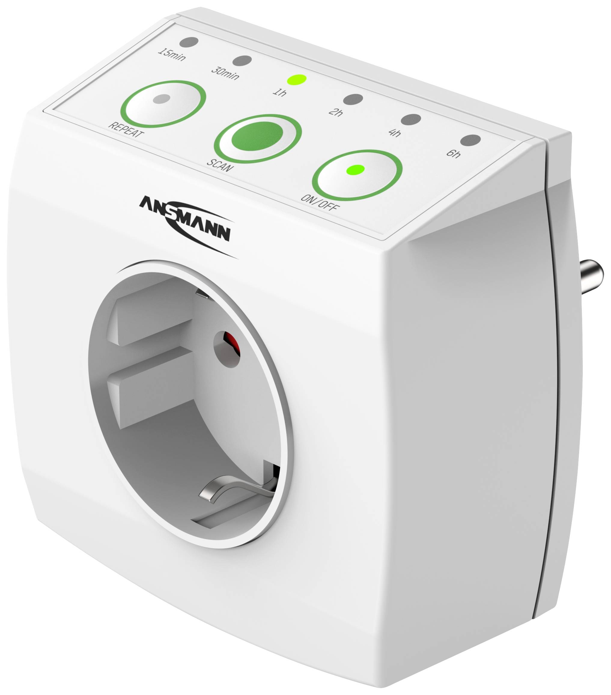 Un timer bianco con presa elettrica e quattro pulsanti: Timer, Scan, On/Off e Repeat. Per la gestione energetica dei dispositivi.