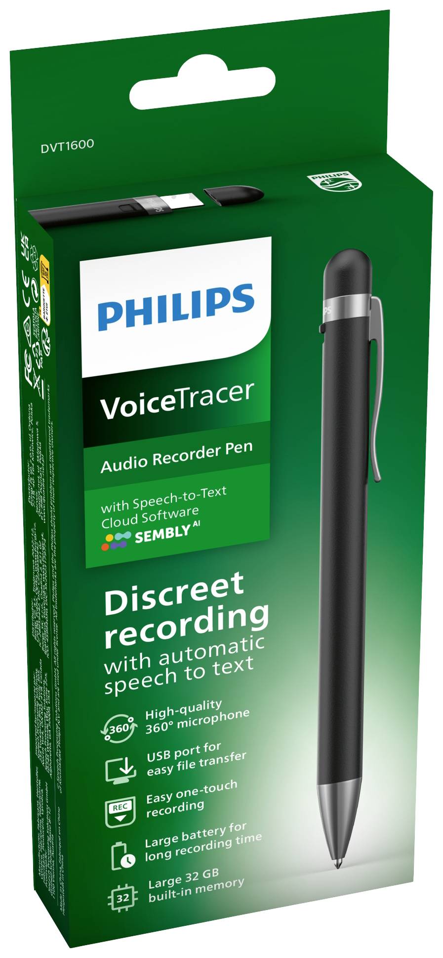 Dispositivo di registrazione vocale a forma di penna su sfondo verde. Nome del marchio "Philips" e funzione "conversione automatica voce in testo".