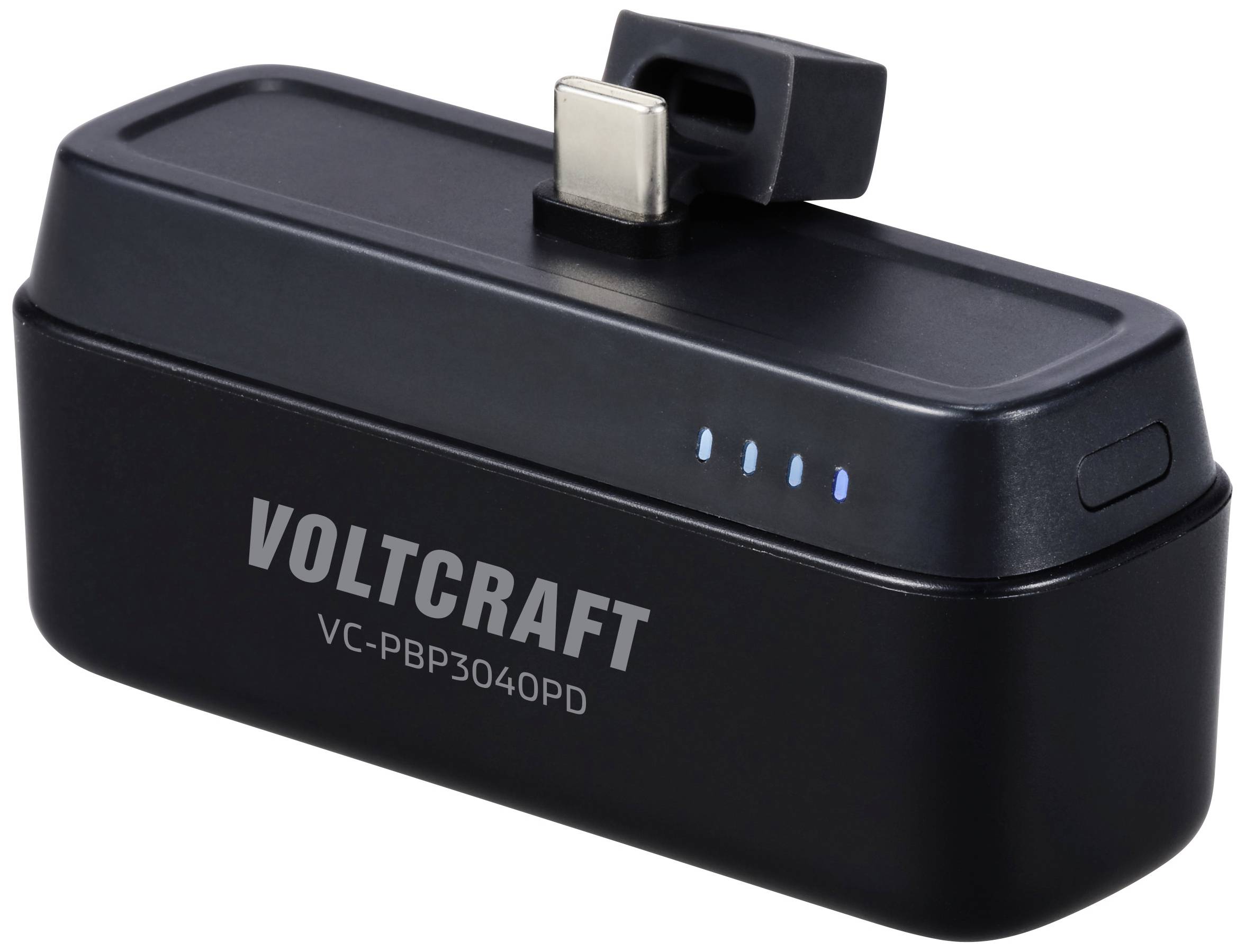 Un caricabatterie portatile con porta USB-C. Il nome del marchio 'Voltcraft VC-PBP3040PD' appare sul lato anteriore. Quattro indicatori LED mostrano lo stato di carica.