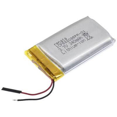Una batteria agli ioni di litio argentata con fili di connessione rossi e neri. Il testo sulla batteria indica la tensione e la capacità: 3,7V, 300mAh.